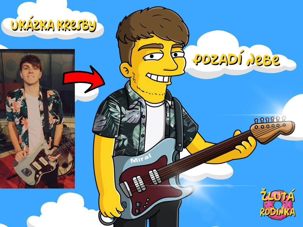 Obraz jako ze Simpsonů, Tomáš Javůrek s kytarou, z kapely Mira, vytištěný na obraz. ZlutaRodinka.cz