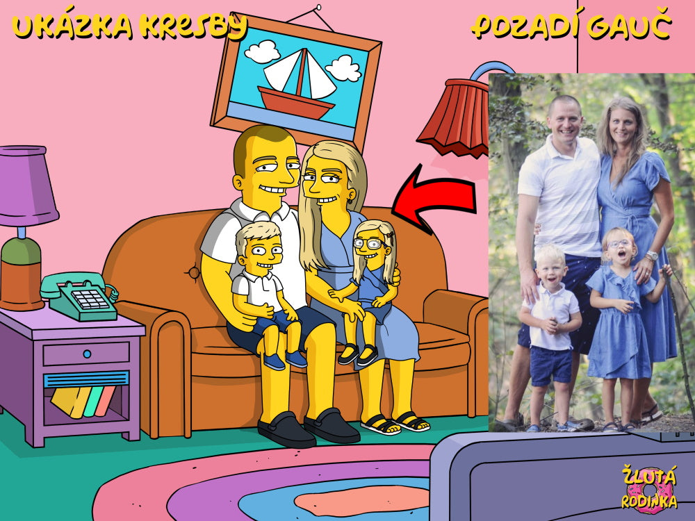 Portrét jako Simpsonovi podle fotografie, rodina s dětmi, pozadí gauč, vytištěný na obraz nebo plakát. ZlutaRodinka.cz