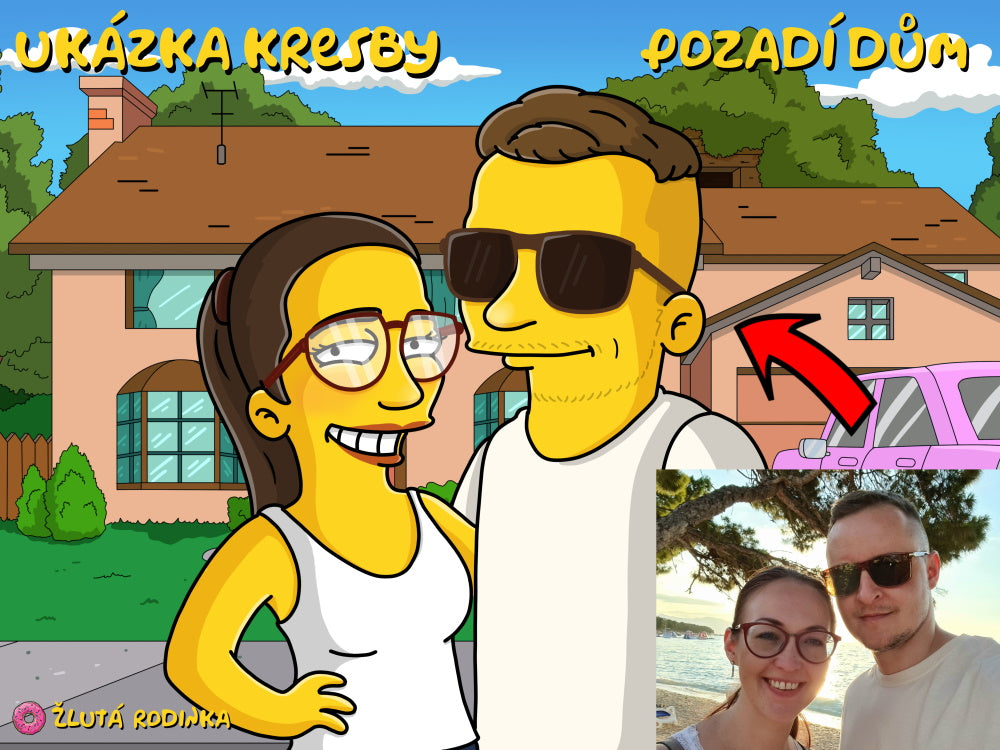 Portrét jako Simpsonovi podle fotky, pár na pozadí domu ze seriálu Simpsonovi, tištěný na obraz nebo plakát. ZlutaRodinka.cz