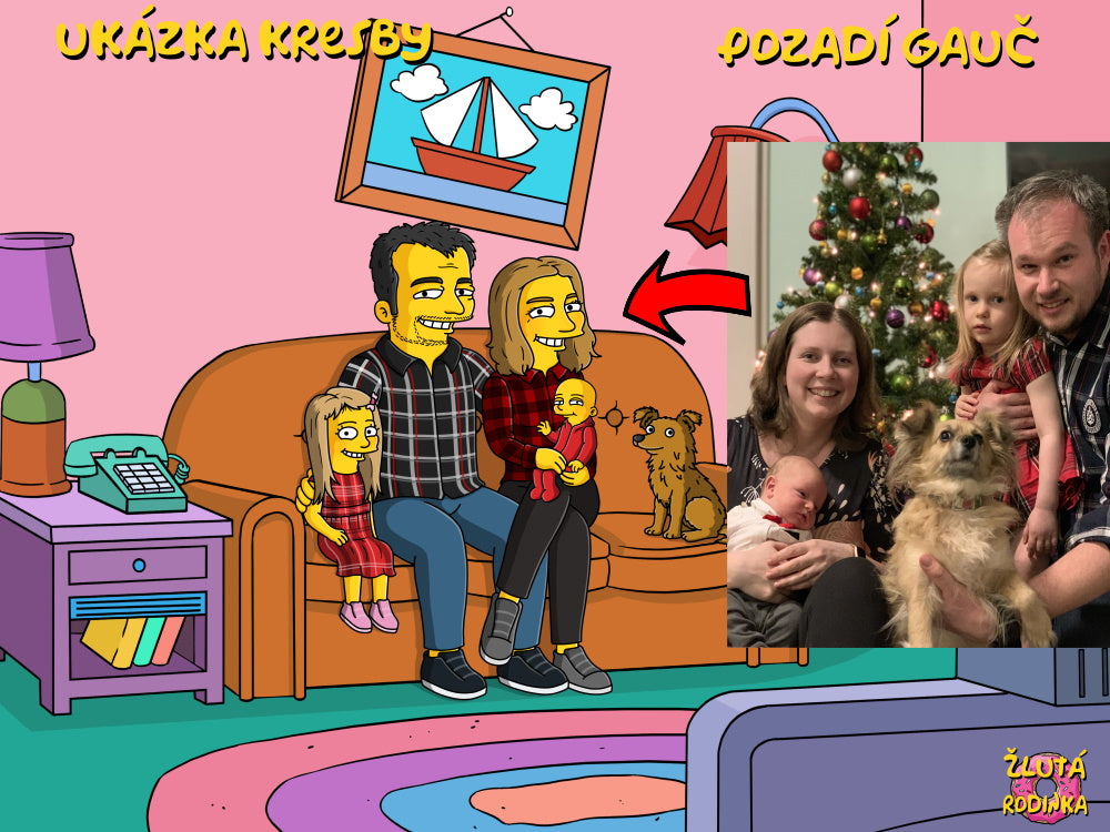 Portrét Simpsonovi, rodina s dětmi a psem, pozadí gauč, tištěný na obraz nebo plakát.