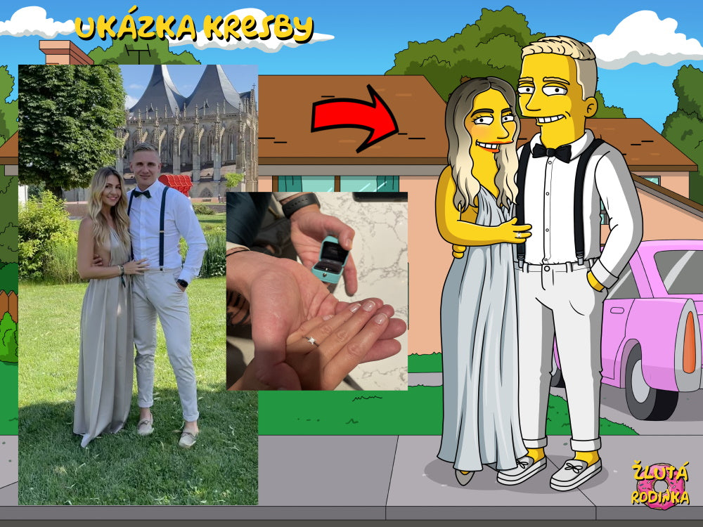 Portrét Simpsonovi, pár na svatbě se snubním prstenem na pozadí domu Simpsonů, vytištěný na obraz 60x40 cm. ZlutaRodinka.cz.