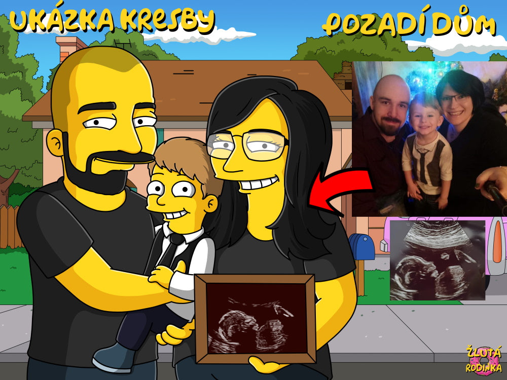 Obraz Simpsonovi, rodina s dítětem a fotkou z ultrazvuku nakreslený na pozadí domu Simpsonů. ZlutaRodinka.cz
