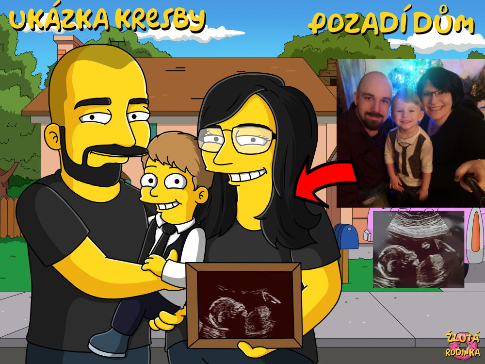 Obraz Simpsonovi, rodina s dítětem a fotkou z ultrazvuku nakreslený na pozadí domu Simpsonů. ZlutaRodinka.cz