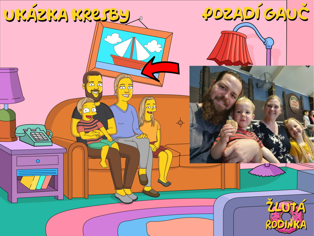 Obraz jako ze seriálu Simpsonovi, portrét rodiny s dítětem, na pozadí domu. ZlutaRodinka.cz