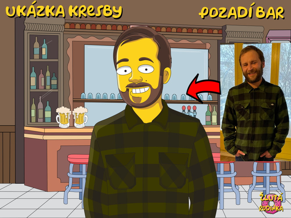 Obraz jako ze seriálu Simpsonovi, portrét rodiny s dítětem, na pozadí domu. ZlutaRodinka.cz