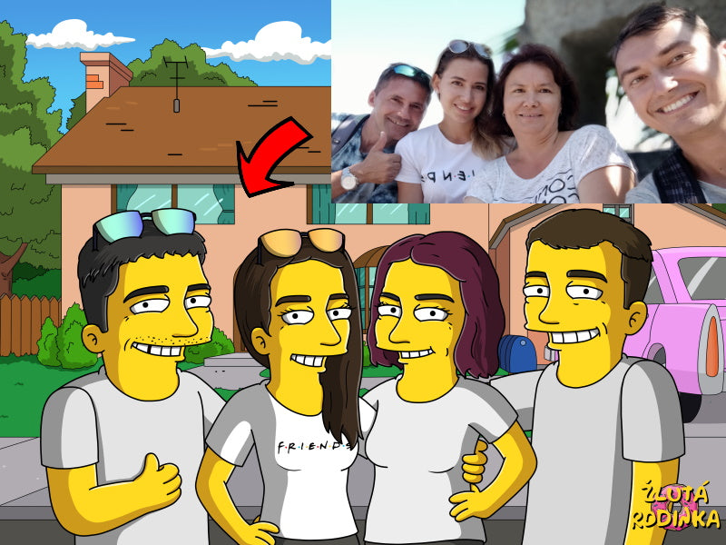 Portrét jako Simpsonovi podle fotky, pár s dětmi na pozadí dům, vytištěný na obraz nebo plakát.