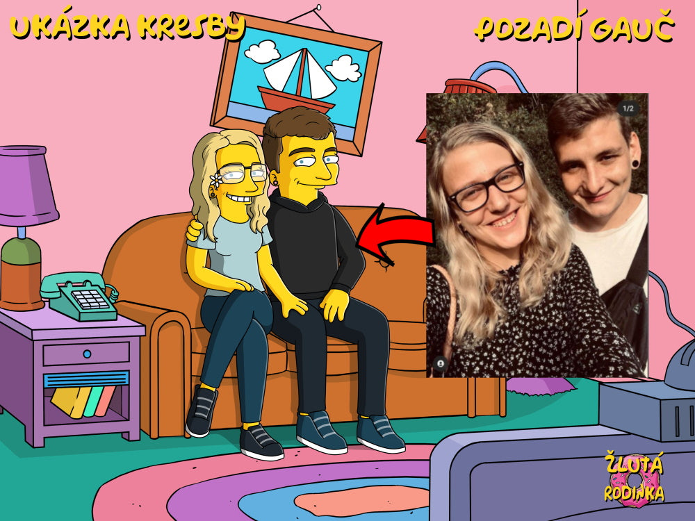 Portrét jako Simpsonovi podle fotky, pár s dětmi na pozadí dům, vytištěný na obraz nebo plakát.